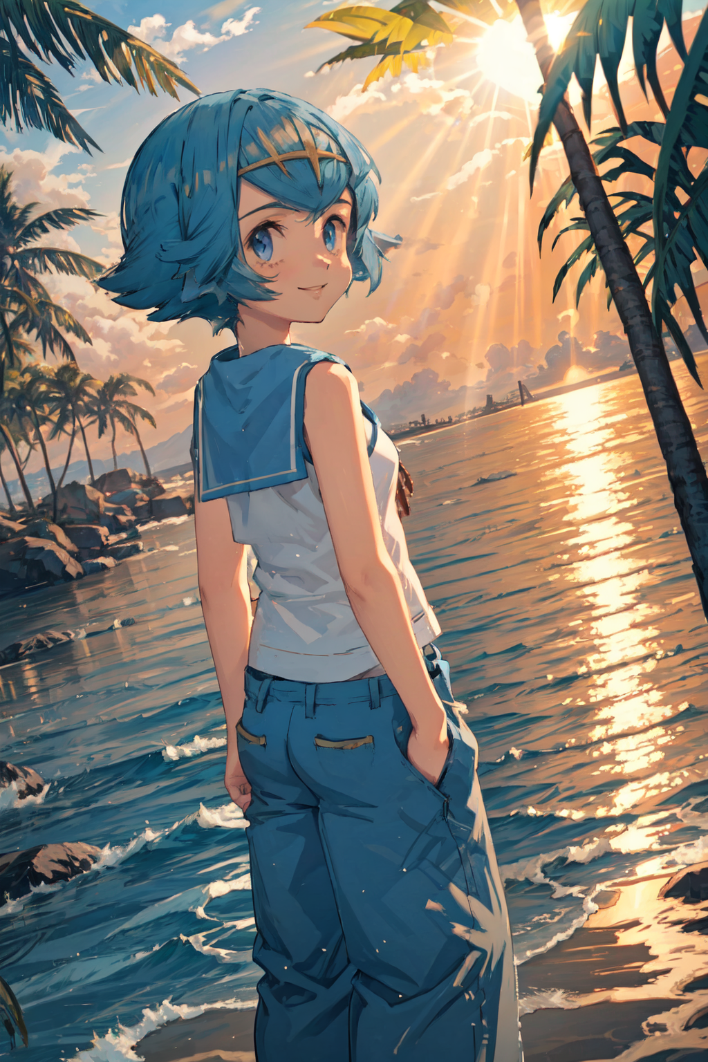 00951-753225506-masterpiece,best quality,1girl,Lana,white shirt,sleeveless shirt,yellow hairpiece,sailor collar,blue pants,baggy pants,flip-flop.png
